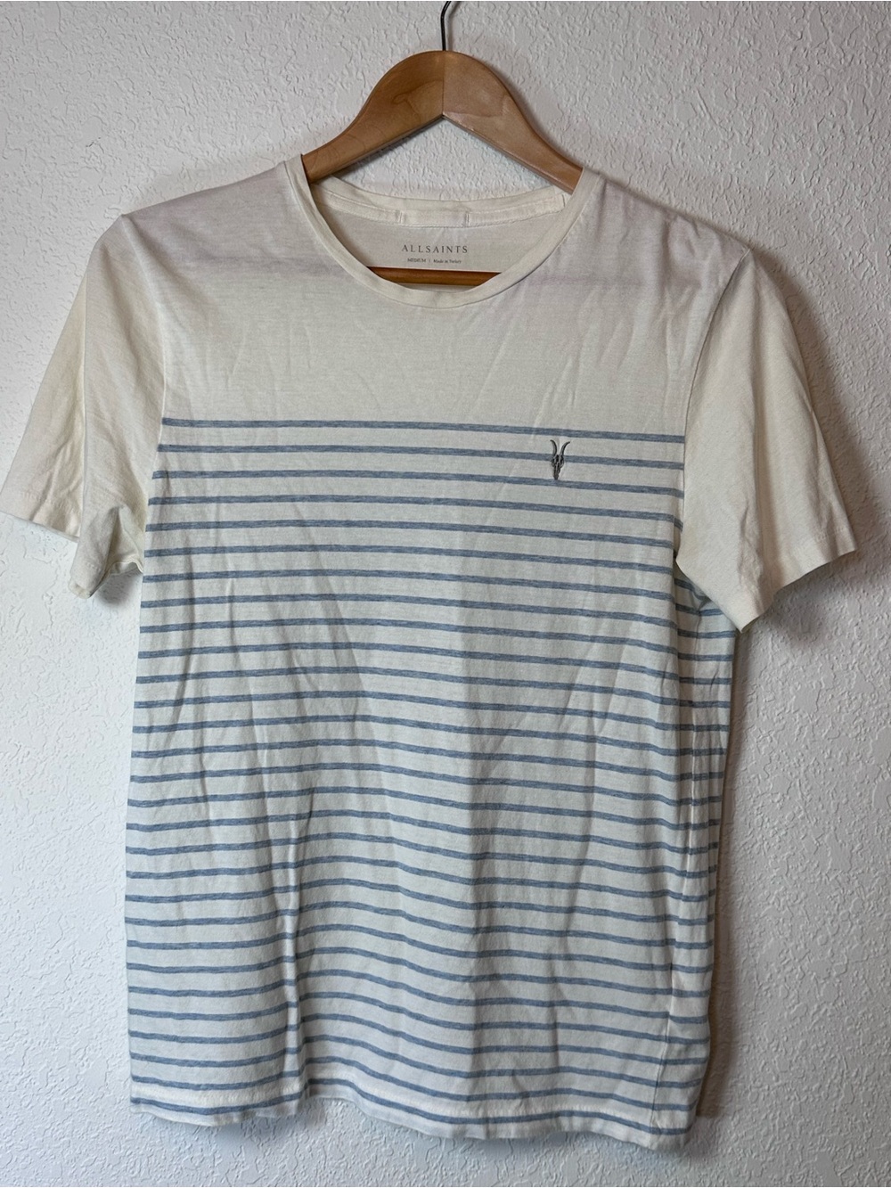 AllSaints Cream and Light Blue Striped Short Sleeve Tee
